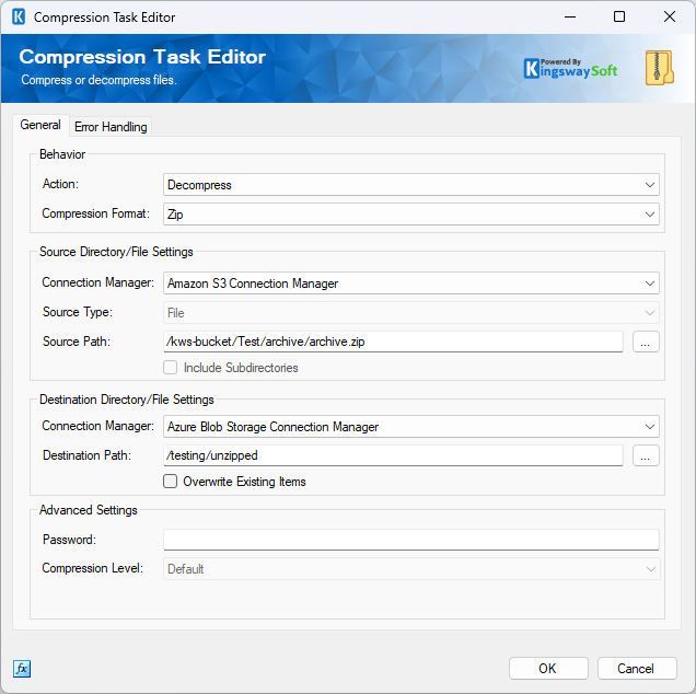 Compression Task Editor General page showing Action set to Decompress with an Amazon S3 source file and an Azure Blob Storage destination directory.